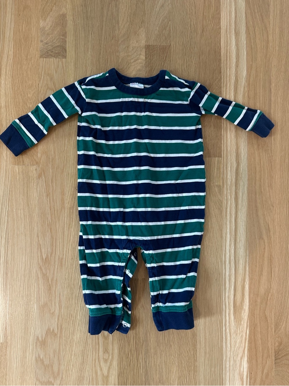 Hanna Andersson Striped Navy & Green One-Piece Romper, 6-12 months